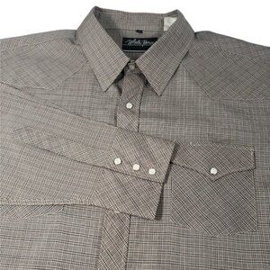 White Horse Mens‎ XXL Brown Plaid Long Sleeve Pearl Snap Shirt Vintage